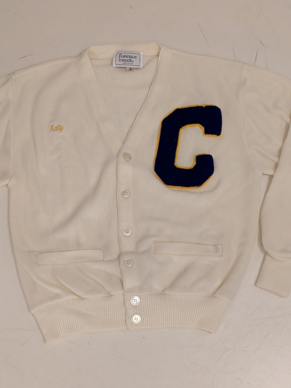 Vintage Cream Varsity Style Cardigan Blue Chenille 'C' Patch USA Made Sweater